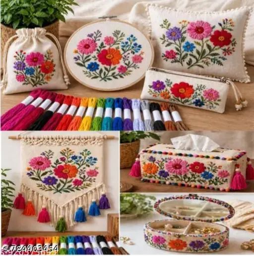Embroidery hoop art, thread skeins and craft pieces