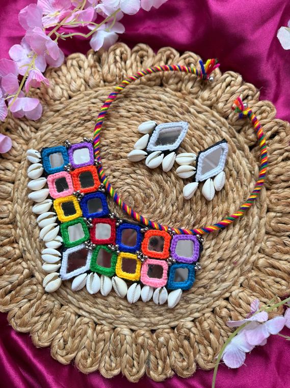Mirror-work necklace and earrings